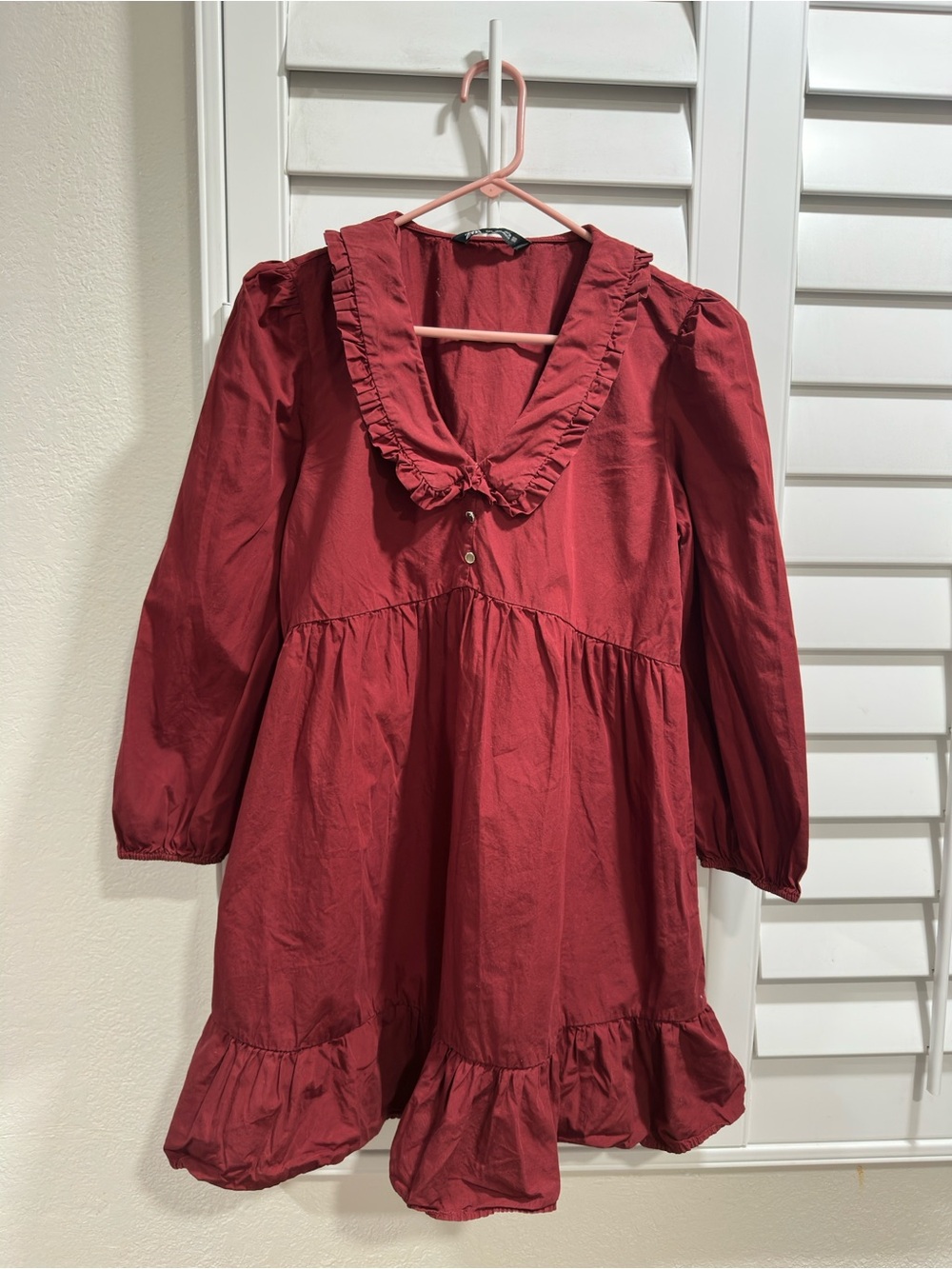 Zara Girls' Ruffled V-Collar Dress - Deep Red